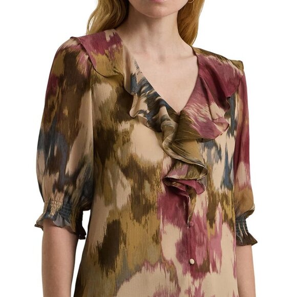 $145 Lauren Ralph Lauren Womens Georgette Floral Ruffled Trim Blouse Size PXS - Picture 1 of 2